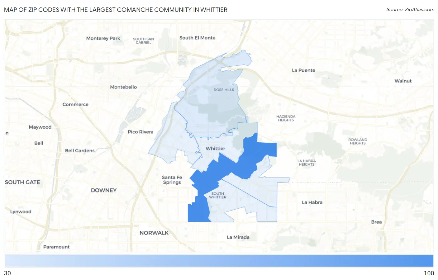 Zip Codes with the Largest Comanche Community in Whittier Map