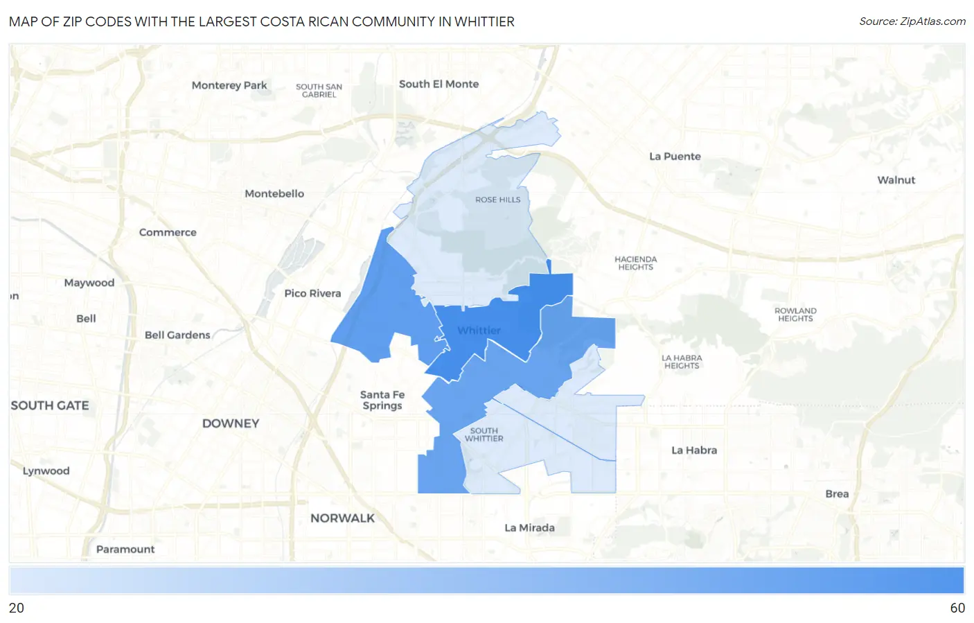 Zip Codes with the Largest Costa Rican Community in Whittier Map