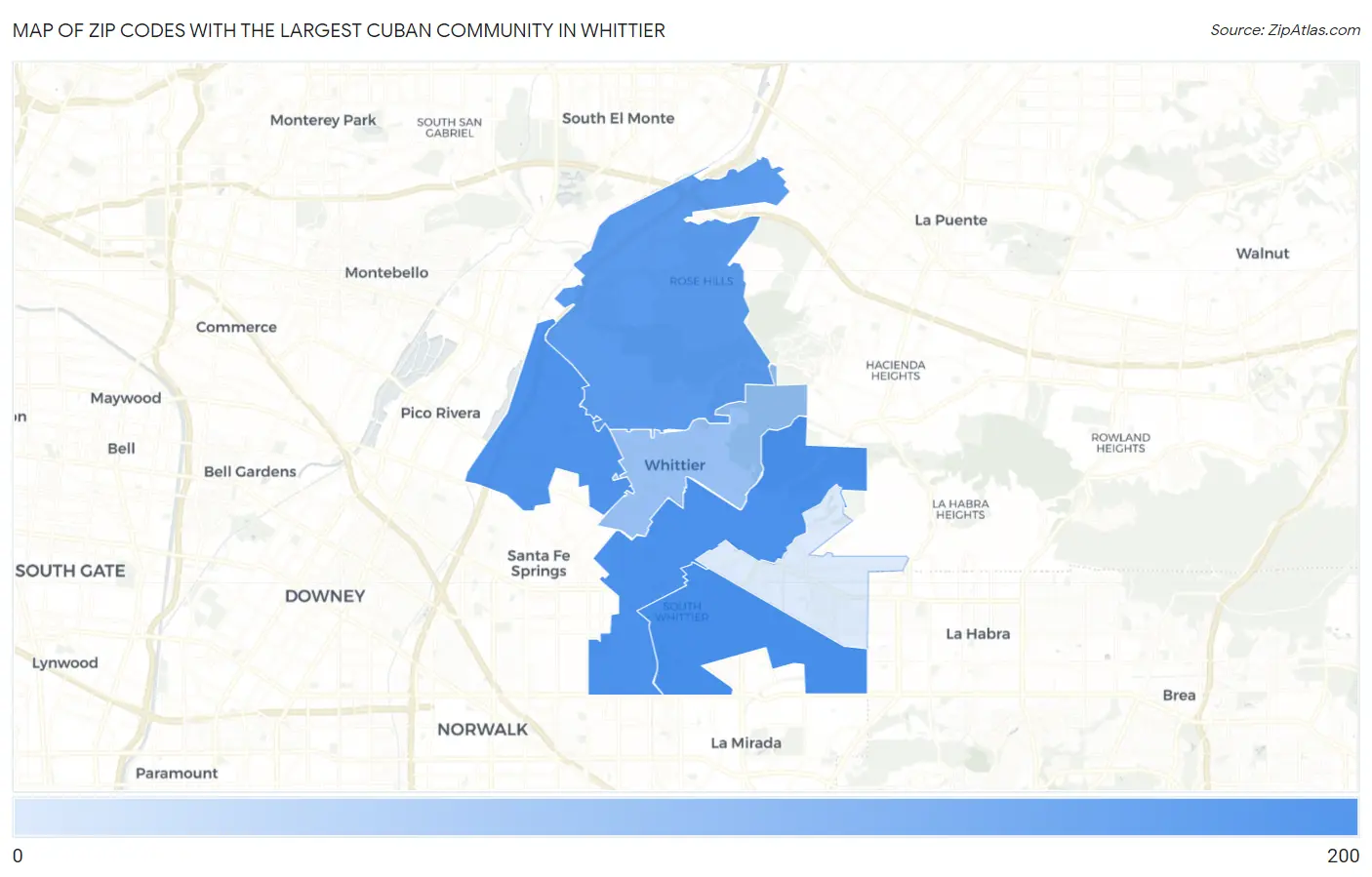 Zip Codes with the Largest Cuban Community in Whittier Map