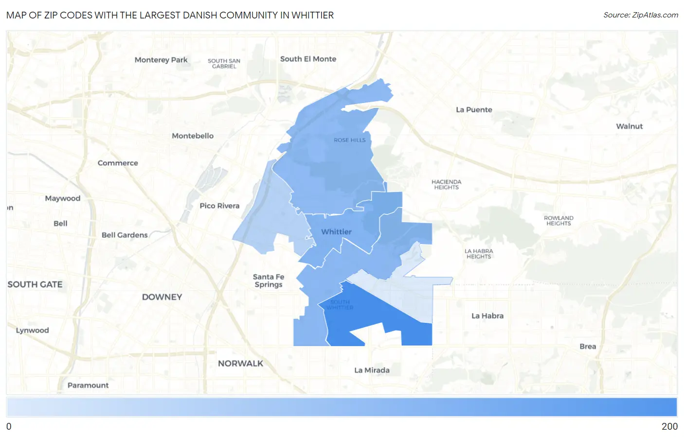 Zip Codes with the Largest Danish Community in Whittier Map