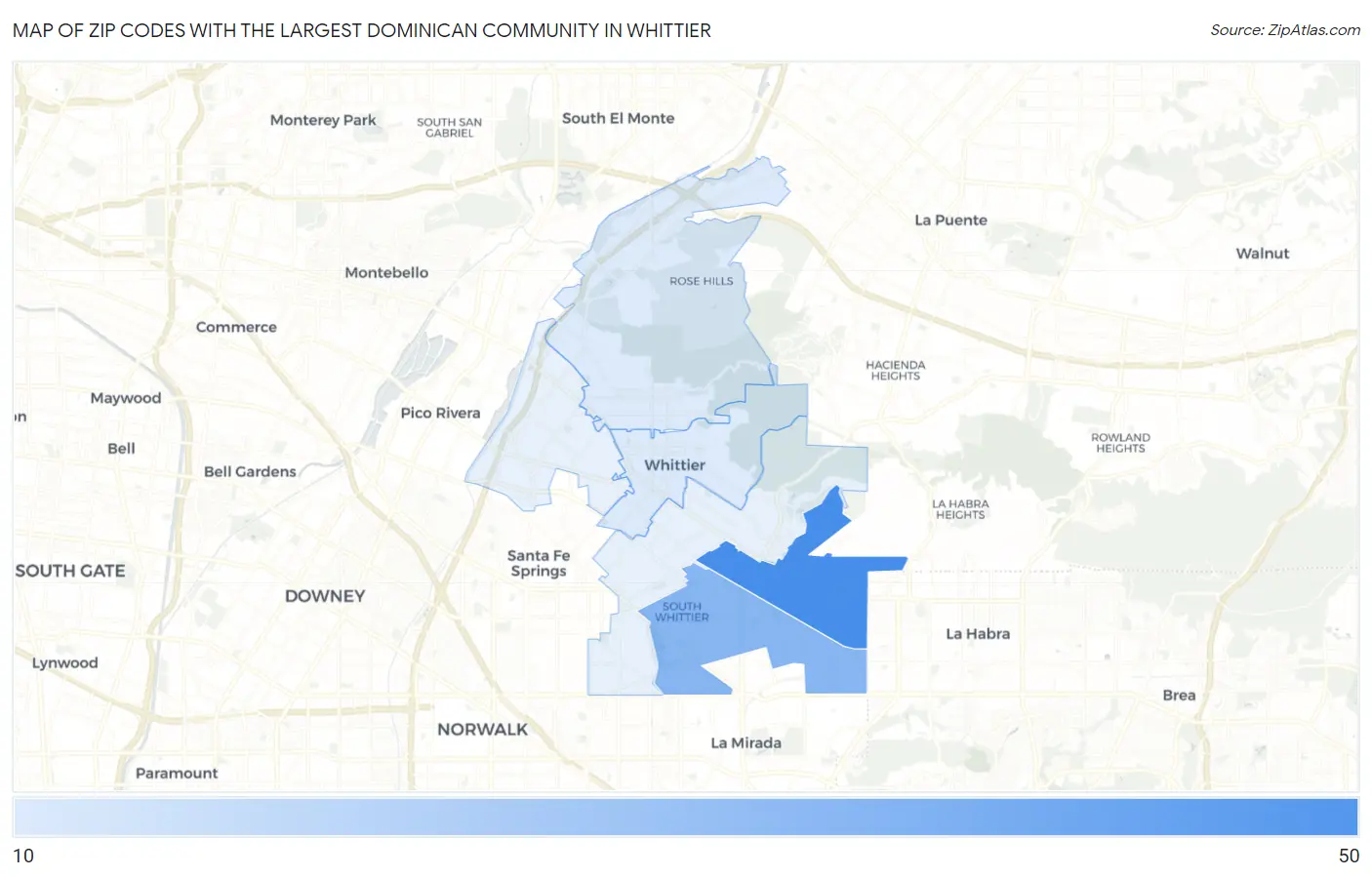 Zip Codes with the Largest Dominican Community in Whittier Map