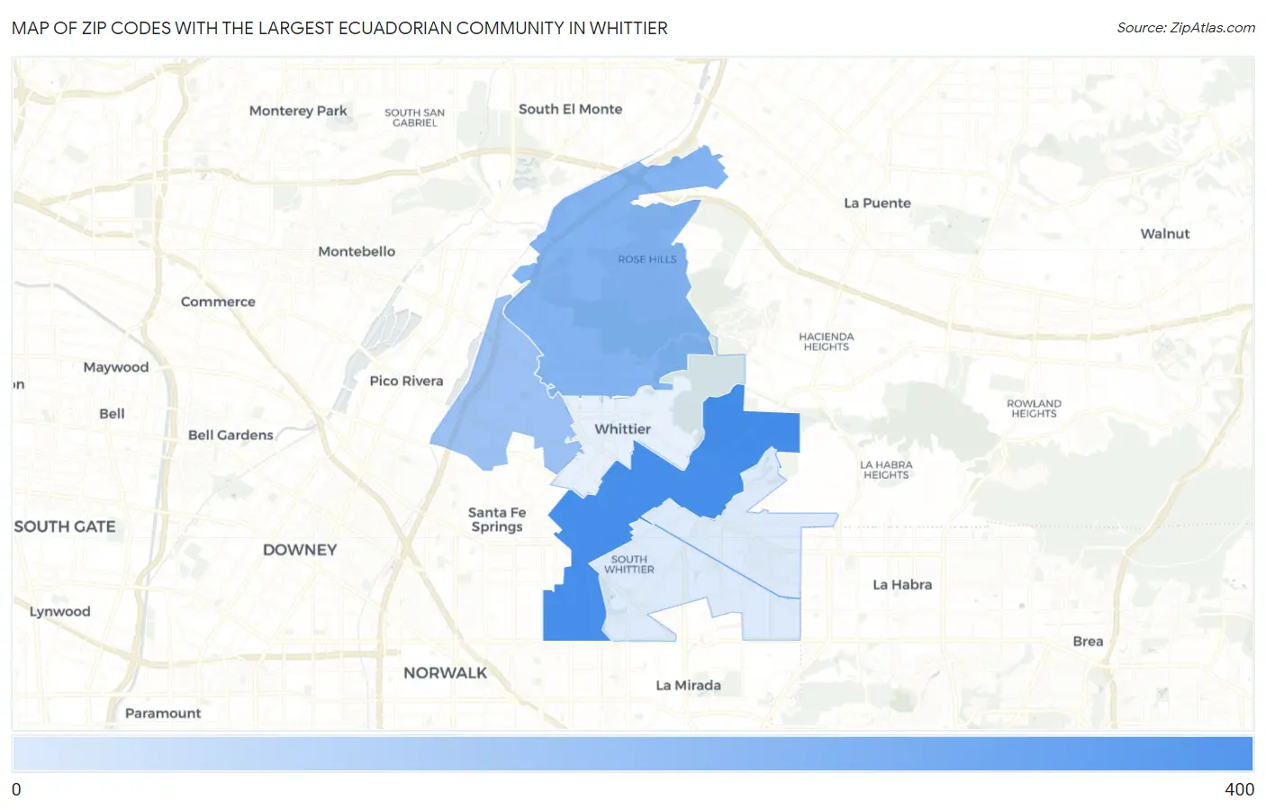 Zip Codes with the Largest Ecuadorian Community in Whittier Map