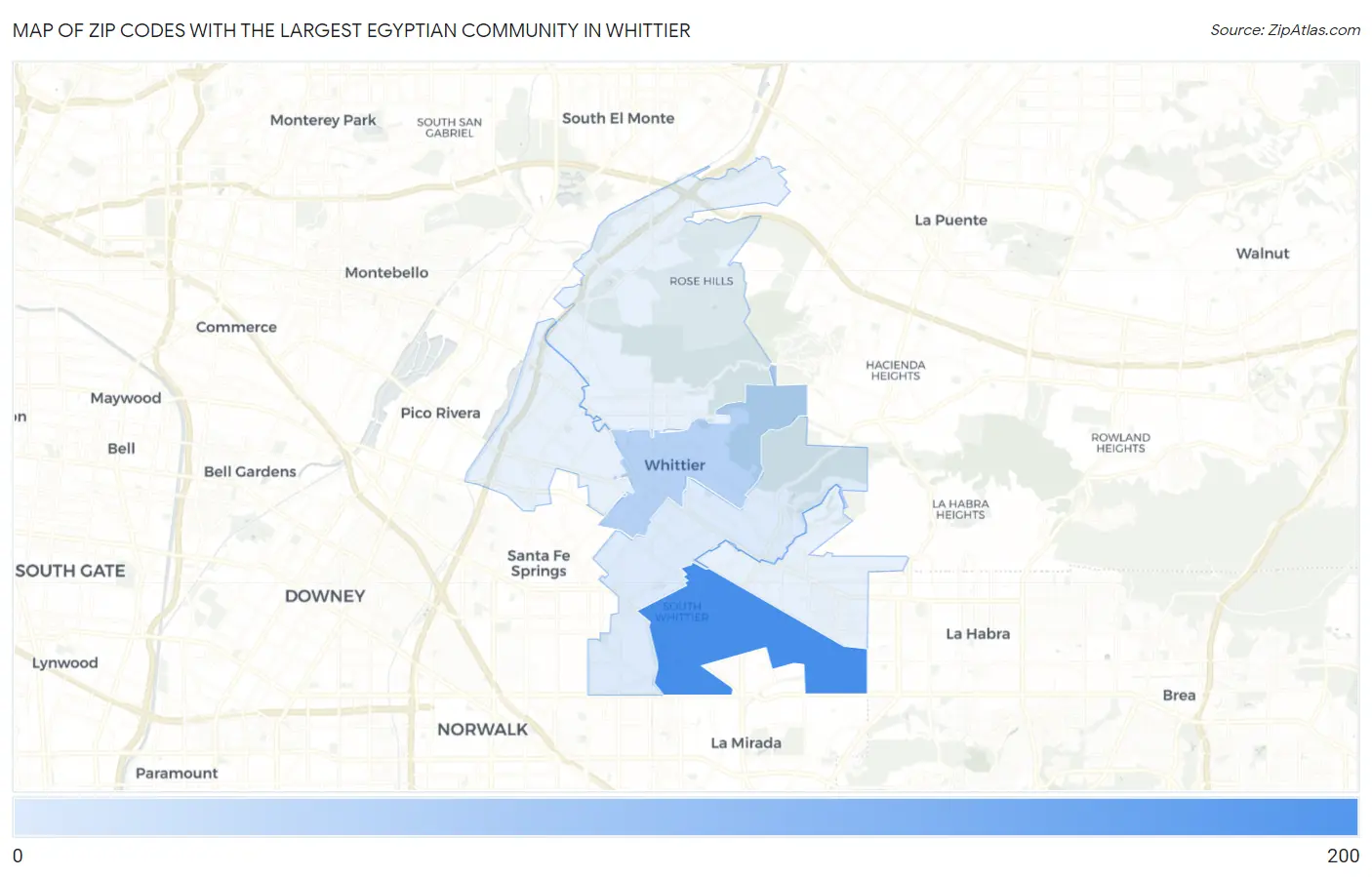 Zip Codes with the Largest Egyptian Community in Whittier Map