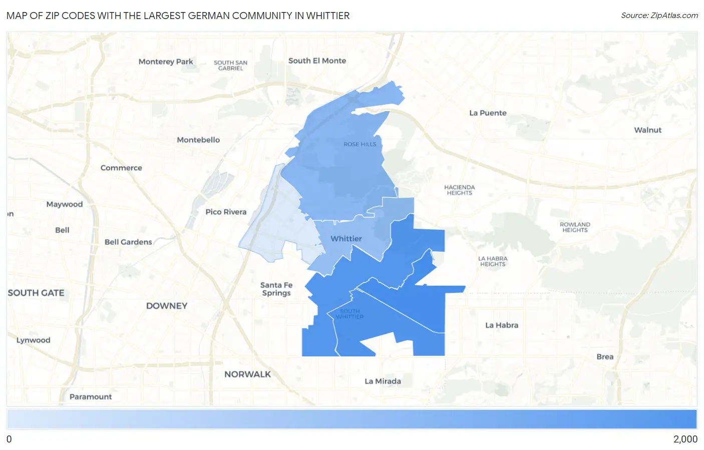 Zip Codes with the Largest German Community in Whittier Map