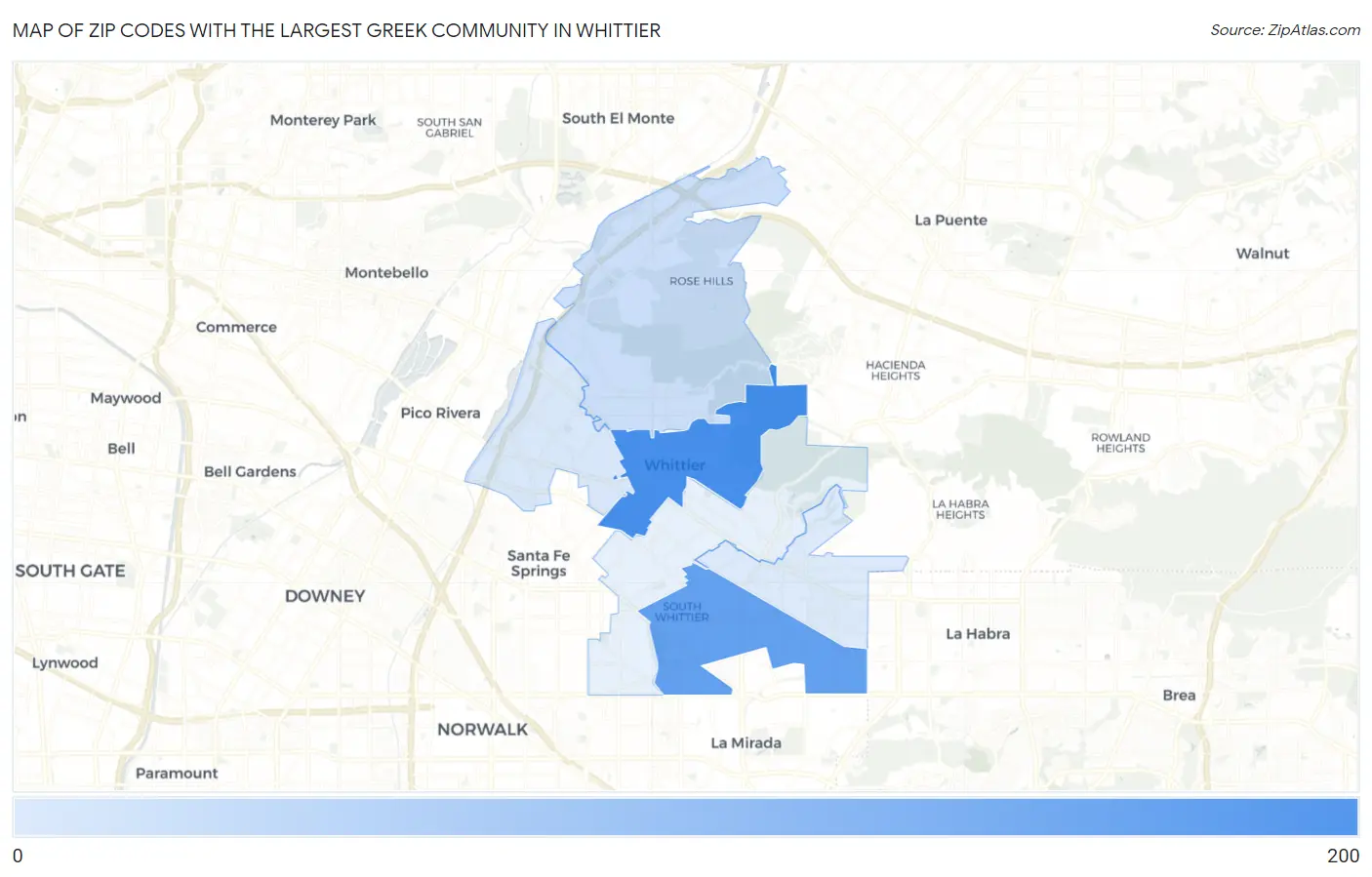 Zip Codes with the Largest Greek Community in Whittier Map