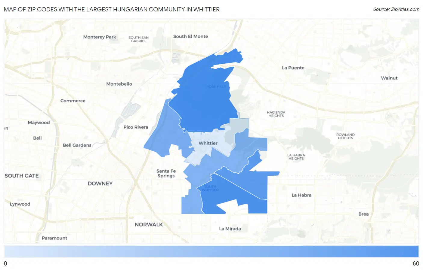 Zip Codes with the Largest Hungarian Community in Whittier Map