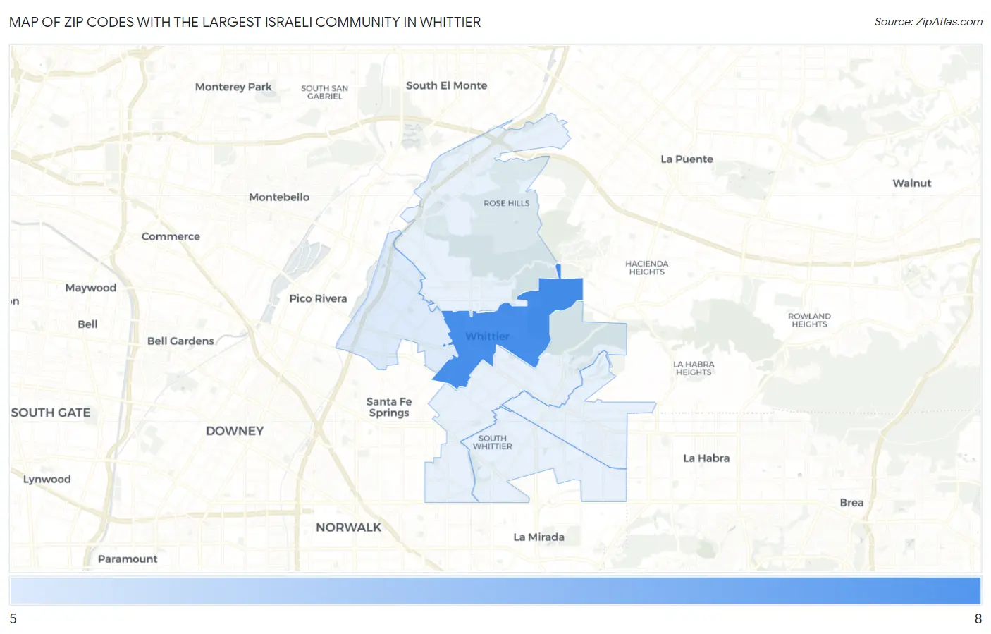 Zip Codes with the Largest Israeli Community in Whittier Map