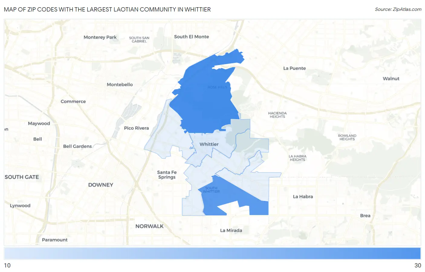 Zip Codes with the Largest Laotian Community in Whittier Map
