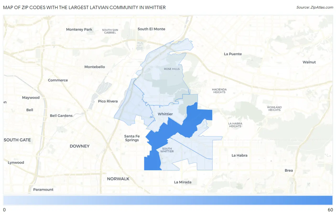 Zip Codes with the Largest Latvian Community in Whittier Map