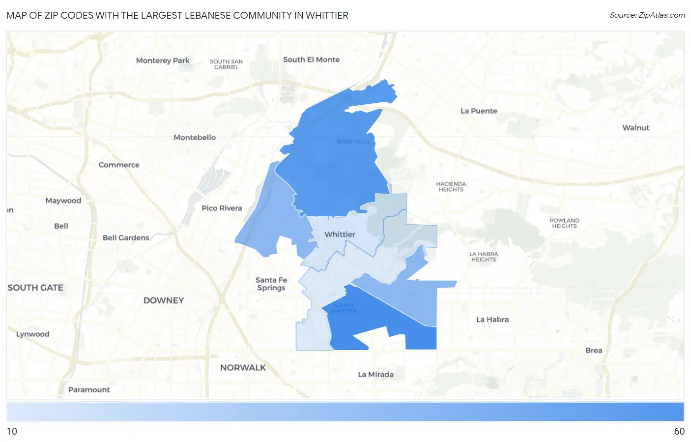 Zip Codes with the Largest Lebanese Community in Whittier Map