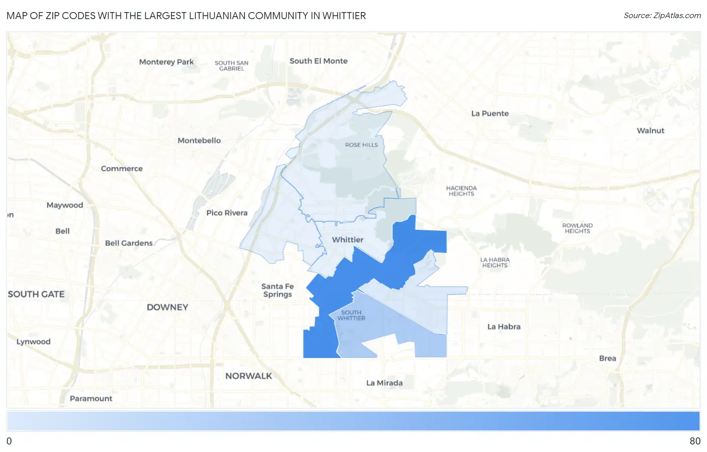Zip Codes with the Largest Lithuanian Community in Whittier Map