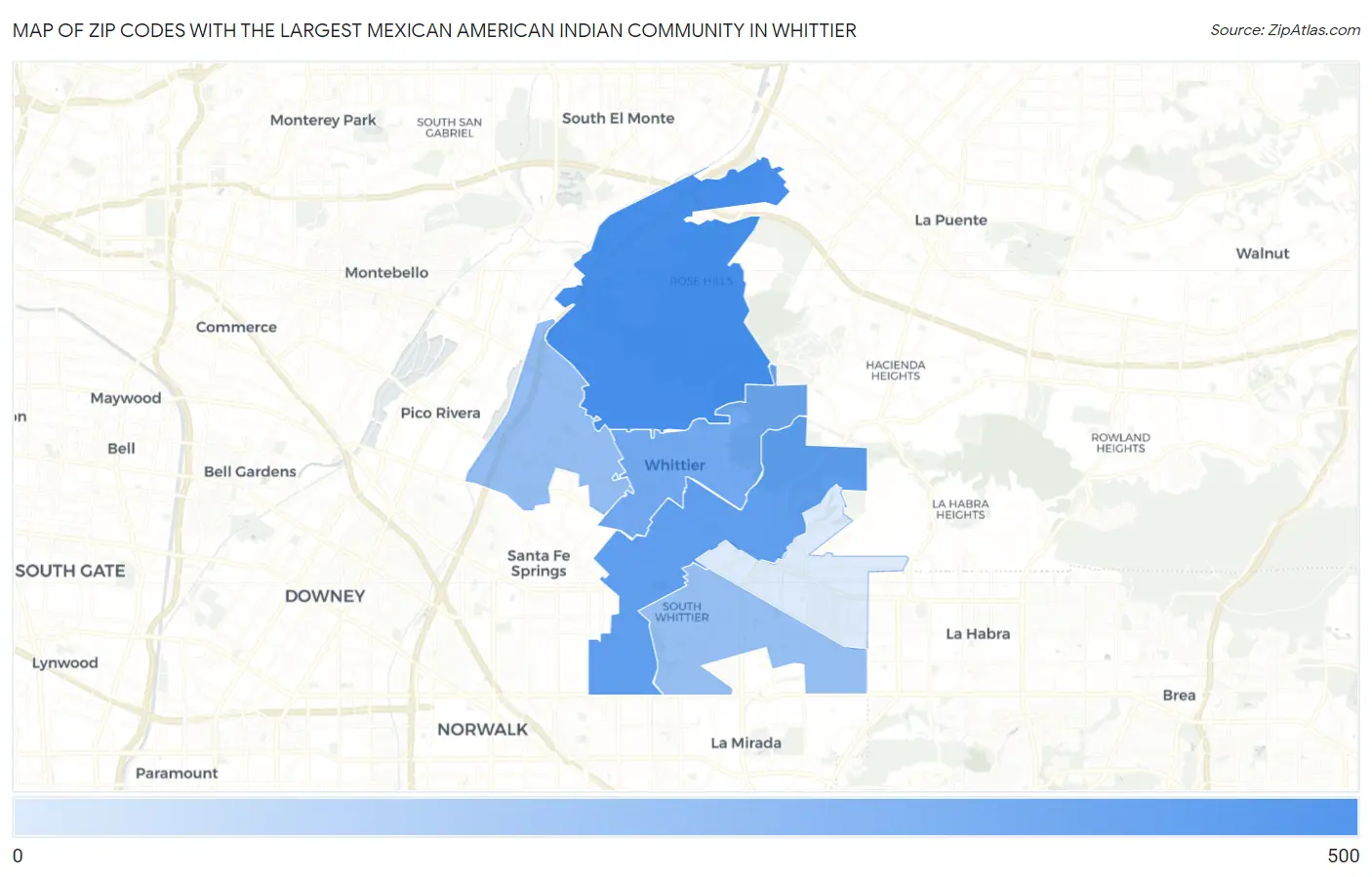 Zip Codes with the Largest Mexican American Indian Community in Whittier Map