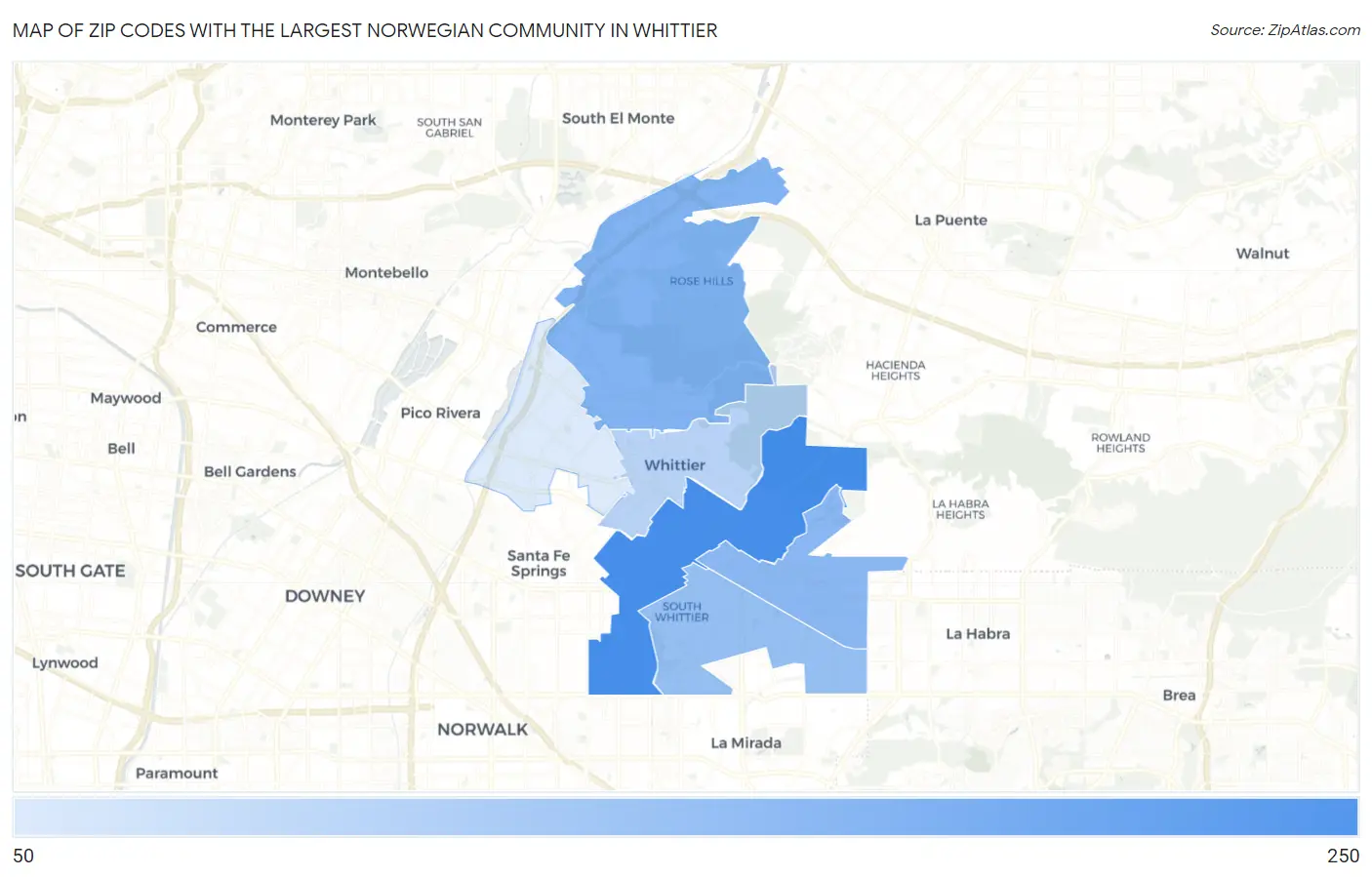 Zip Codes with the Largest Norwegian Community in Whittier Map