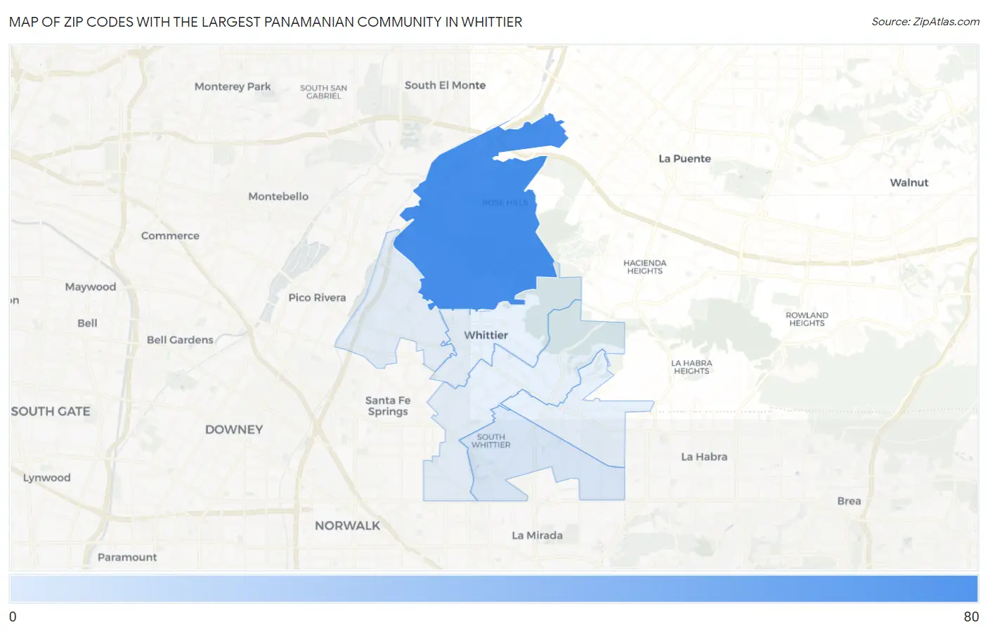 Zip Codes with the Largest Panamanian Community in Whittier Map