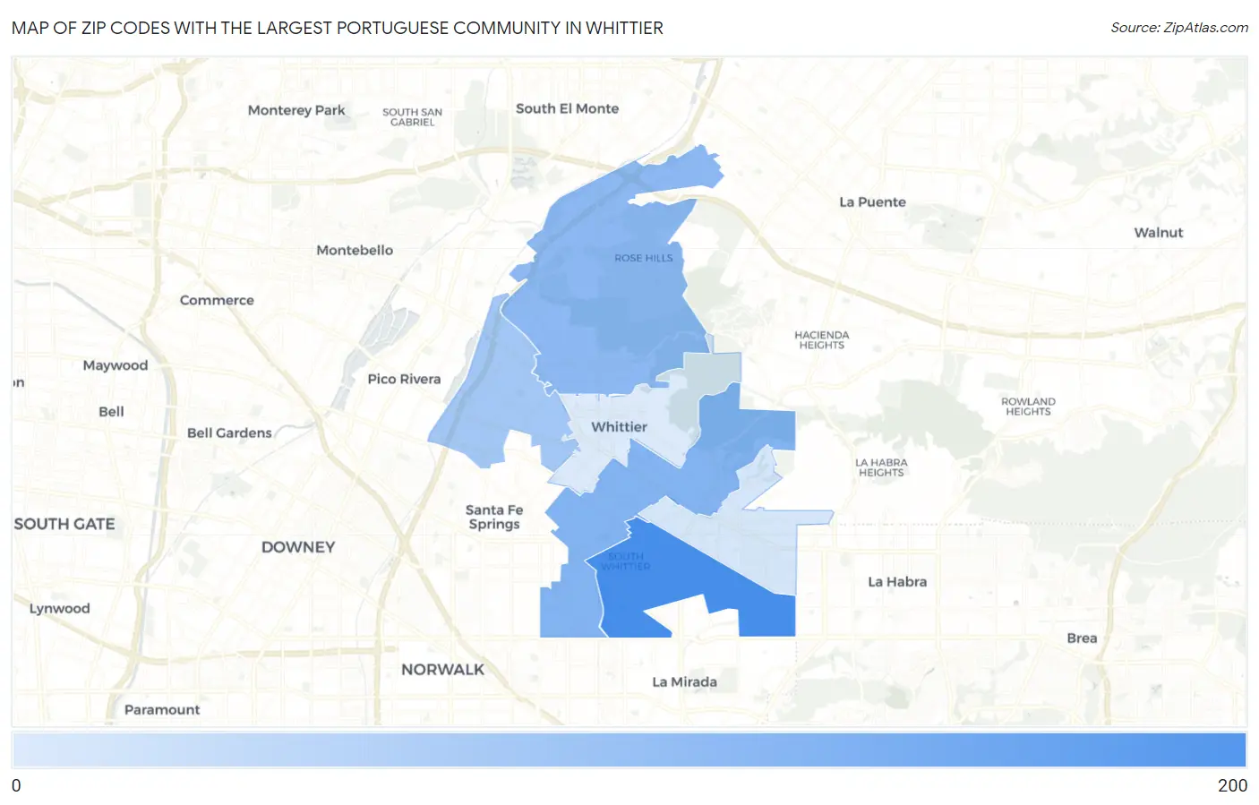 Zip Codes with the Largest Portuguese Community in Whittier Map