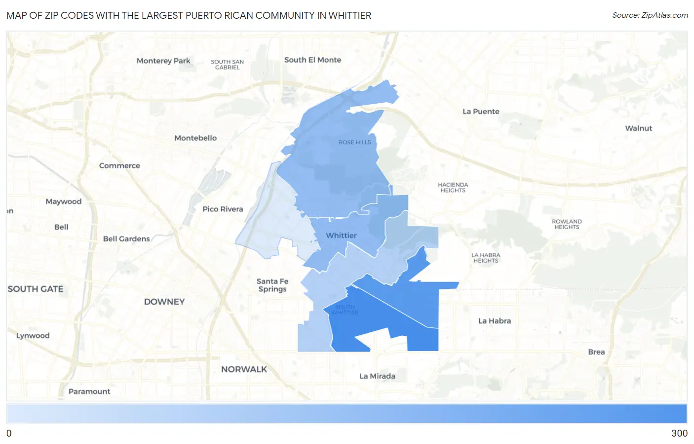 Zip Codes with the Largest Puerto Rican Community in Whittier Map