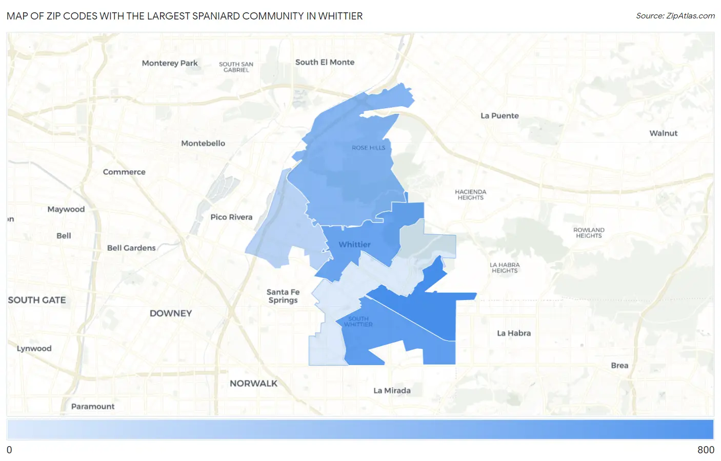 Zip Codes with the Largest Spaniard Community in Whittier Map