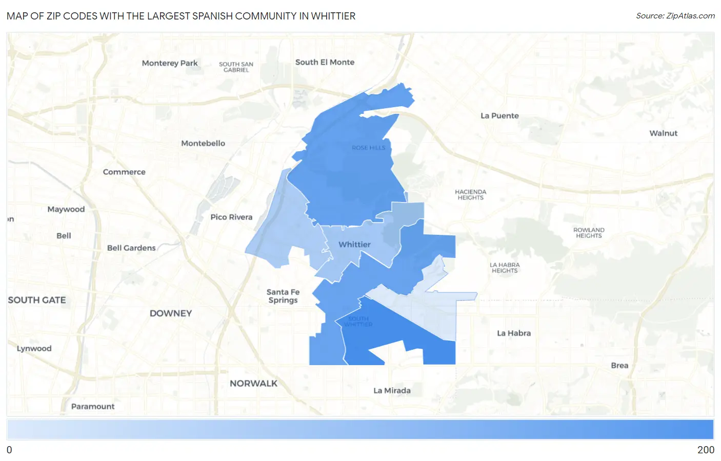 Zip Codes with the Largest Spanish Community in Whittier Map