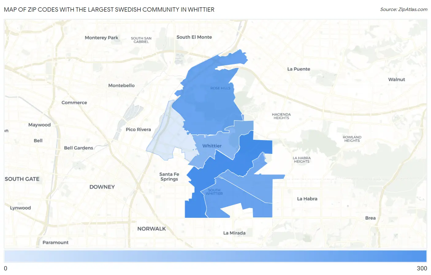 Zip Codes with the Largest Swedish Community in Whittier Map