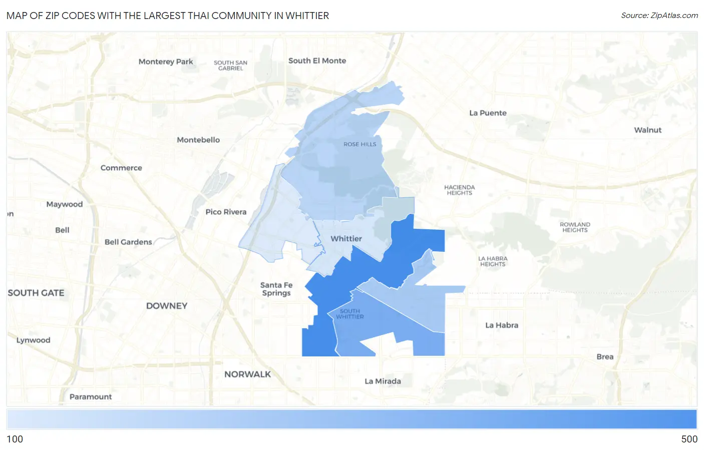 Zip Codes with the Largest Thai Community in Whittier Map