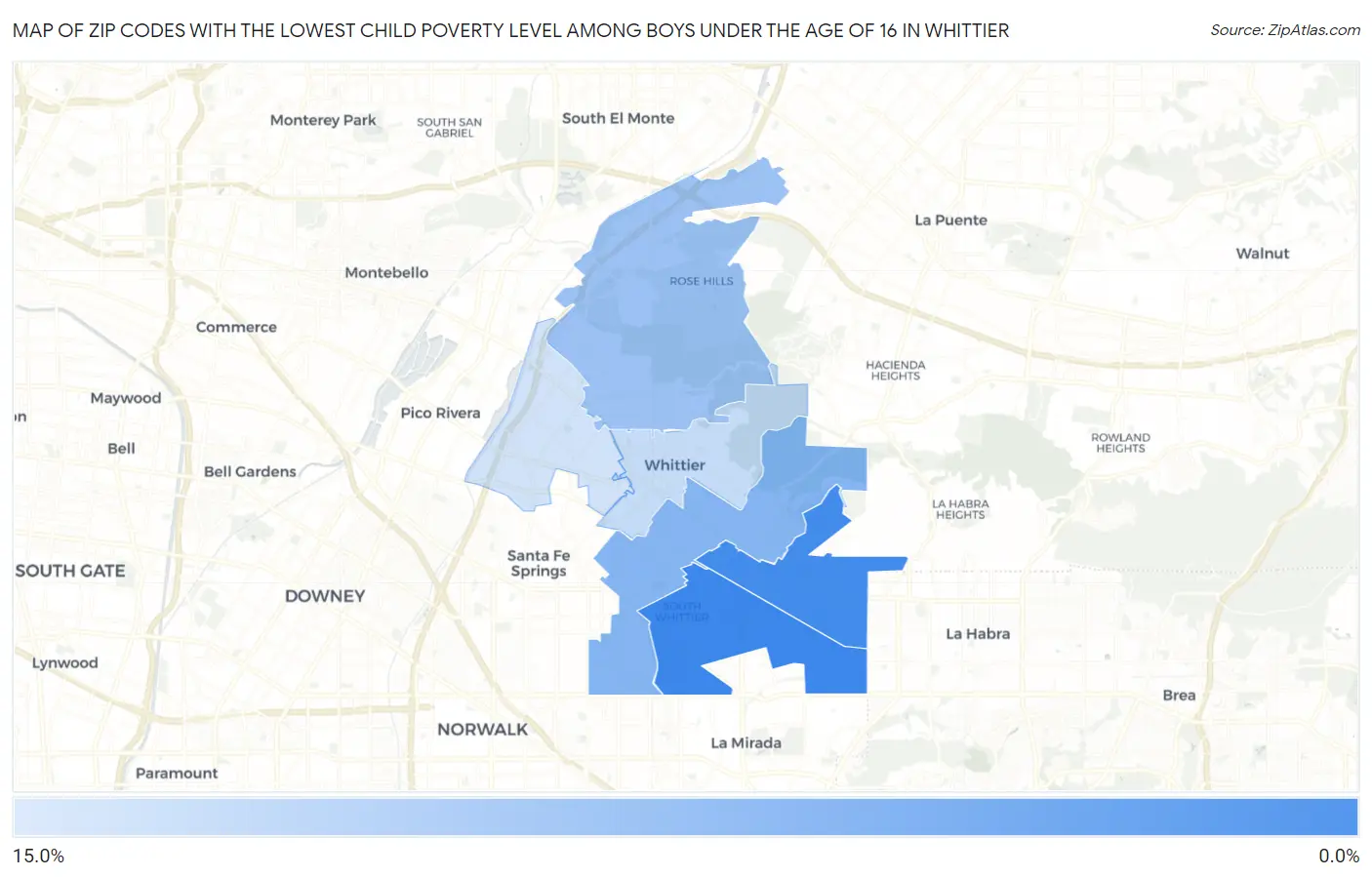 Zip Codes with the Lowest Child Poverty Level Among Boys Under the Age of 16 in Whittier Map