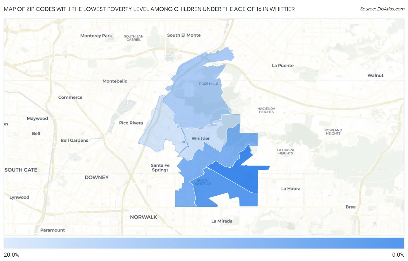 Zip Codes with the Lowest Poverty Level Among Children Under the Age of 16 in Whittier Map