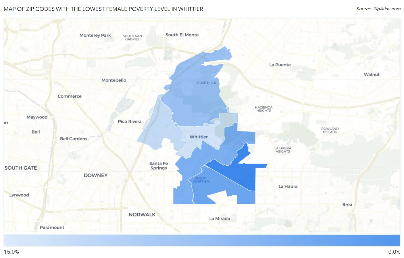 Zip Codes with the Lowest Female Poverty Level in Whittier Map