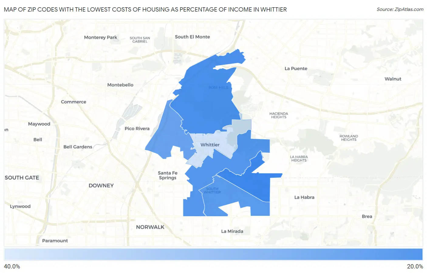 Zip Codes with the Lowest Costs of Housing as Percentage of Income in Whittier Map