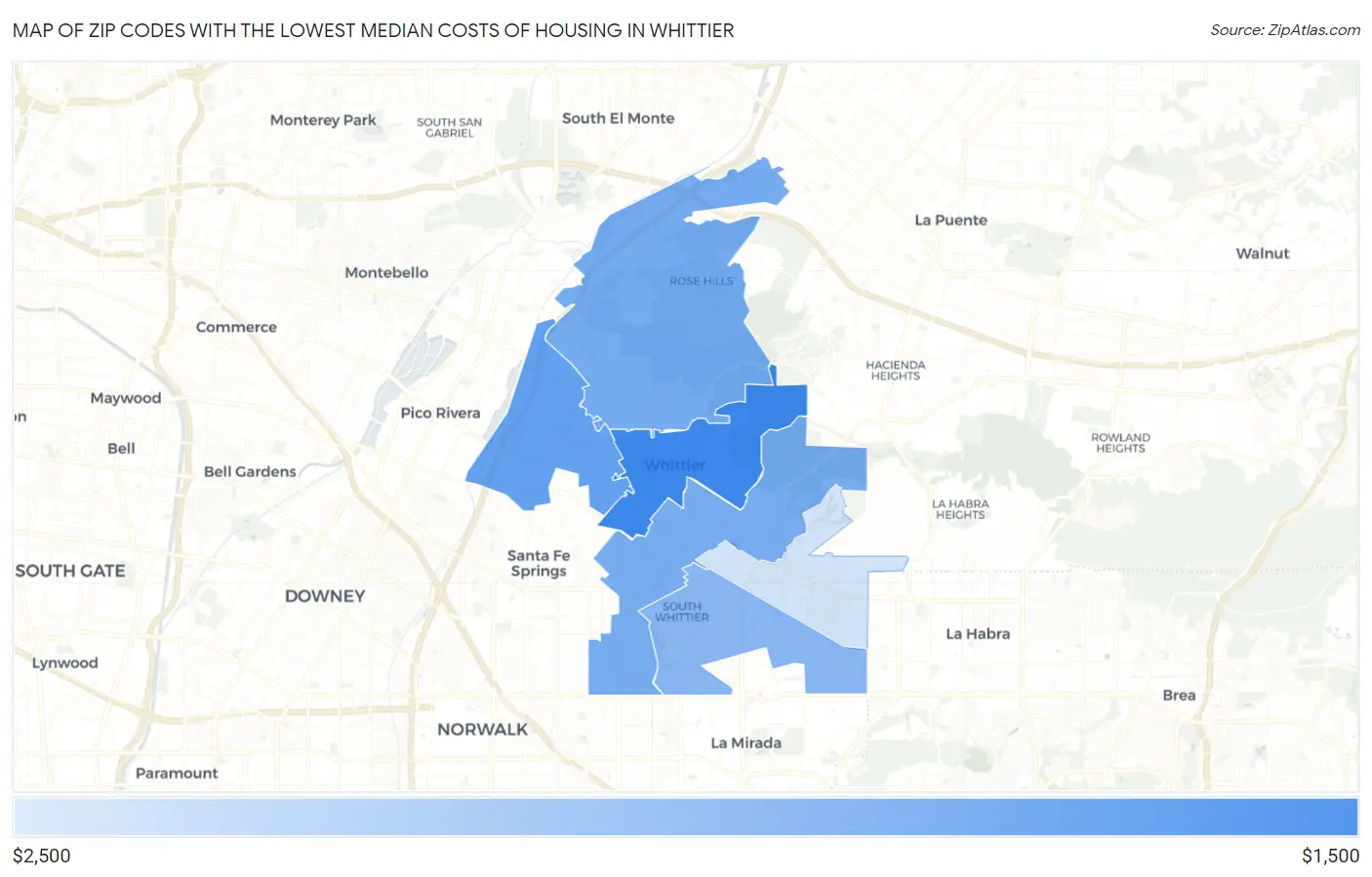 Zip Codes with the Lowest Median Costs of Housing in Whittier Map