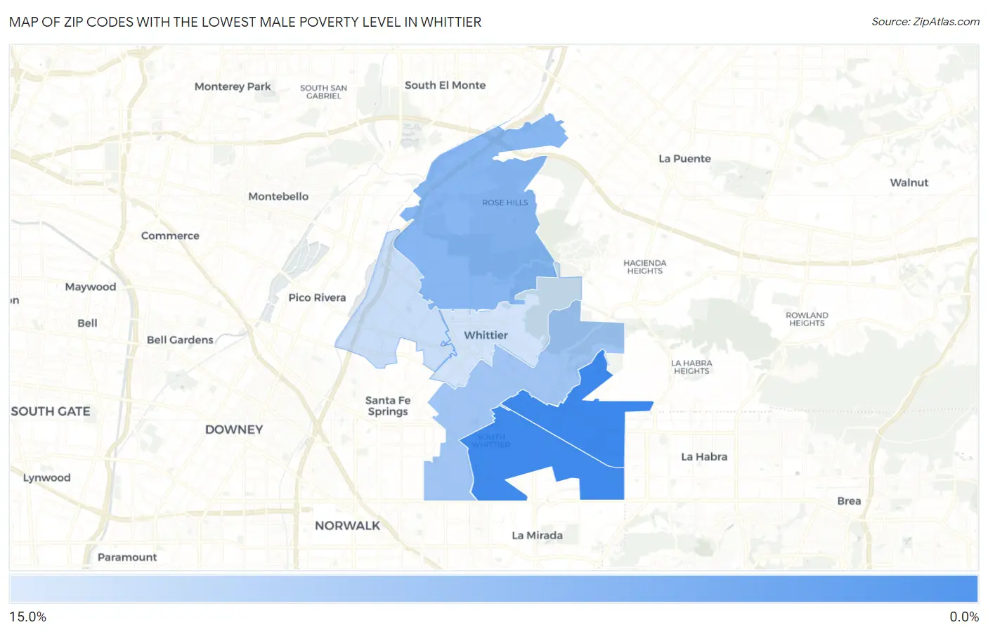 Zip Codes with the Lowest Male Poverty Level in Whittier Map