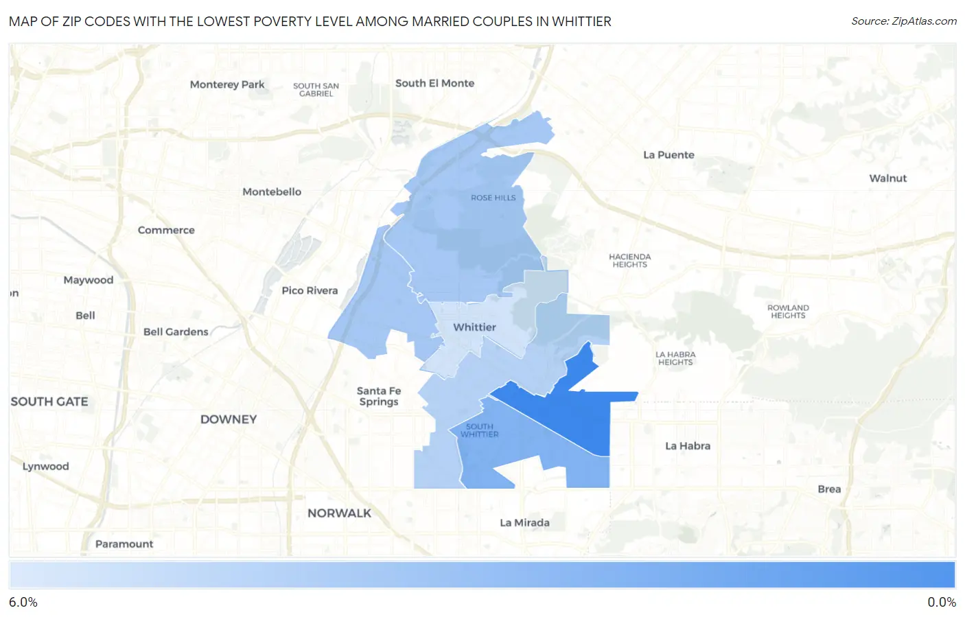 Zip Codes with the Lowest Poverty Level Among Married Couples in Whittier Map