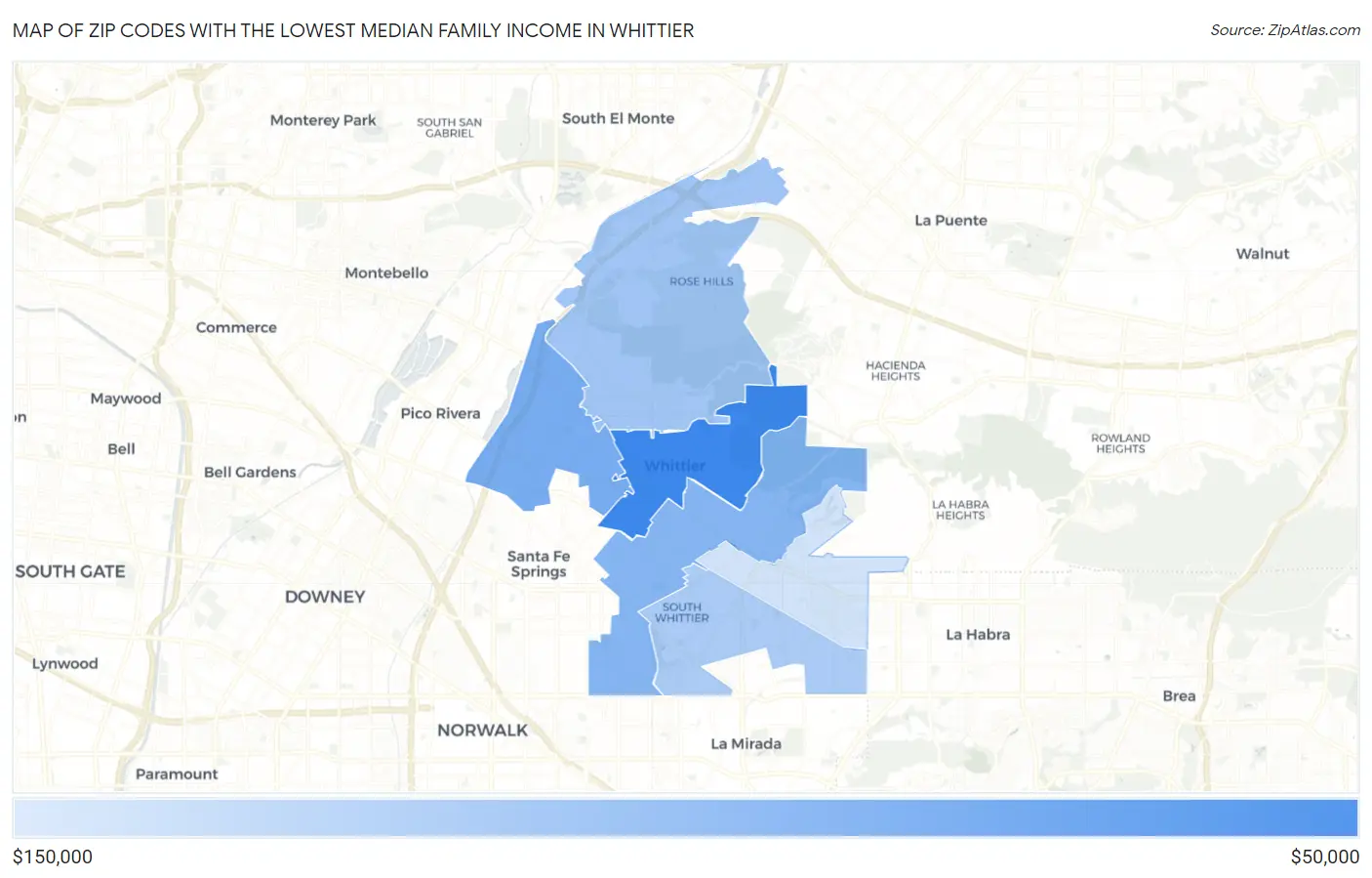 Zip Codes with the Lowest Median Family Income in Whittier Map
