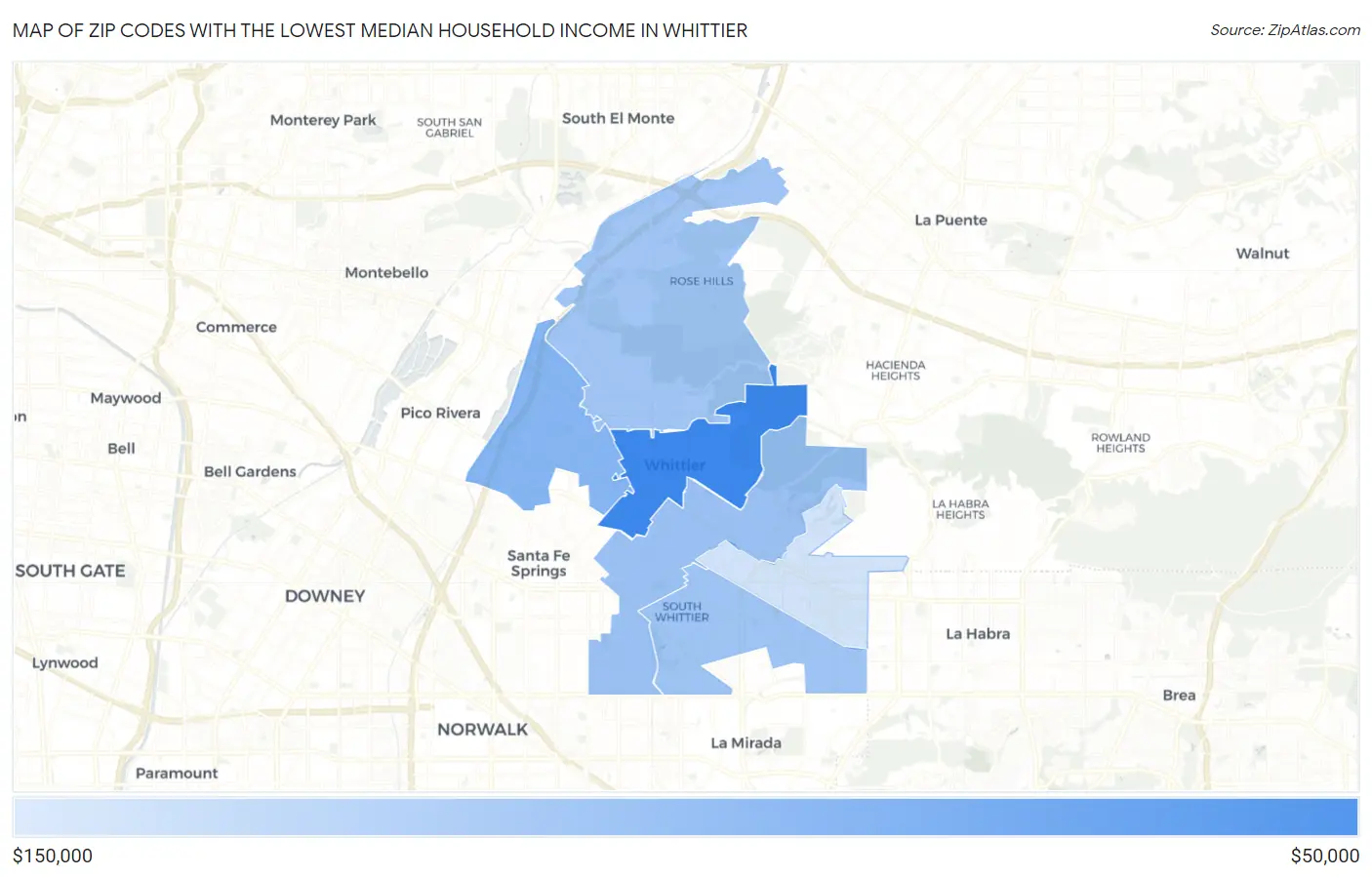 Zip Codes with the Lowest Median Household Income in Whittier Map