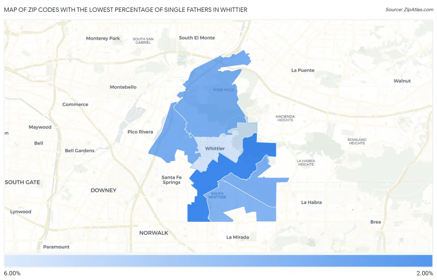 Zip Codes with the Lowest Percentage of Single Fathers in Whittier Map