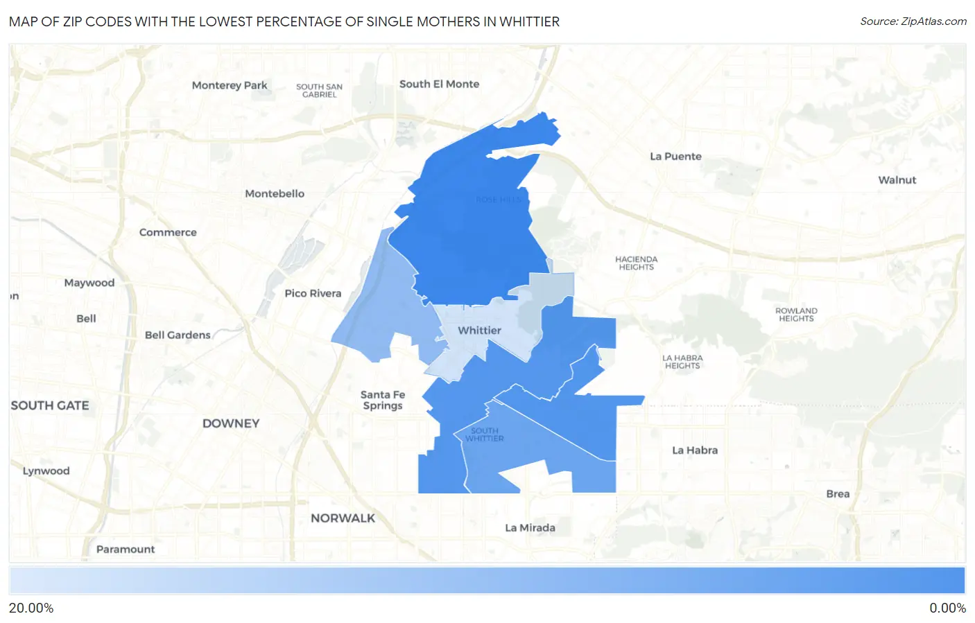 Zip Codes with the Lowest Percentage of Single Mothers in Whittier Map