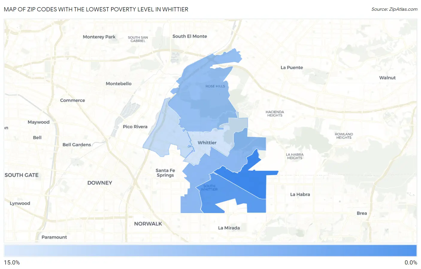 Zip Codes with the Lowest Poverty Level in Whittier Map