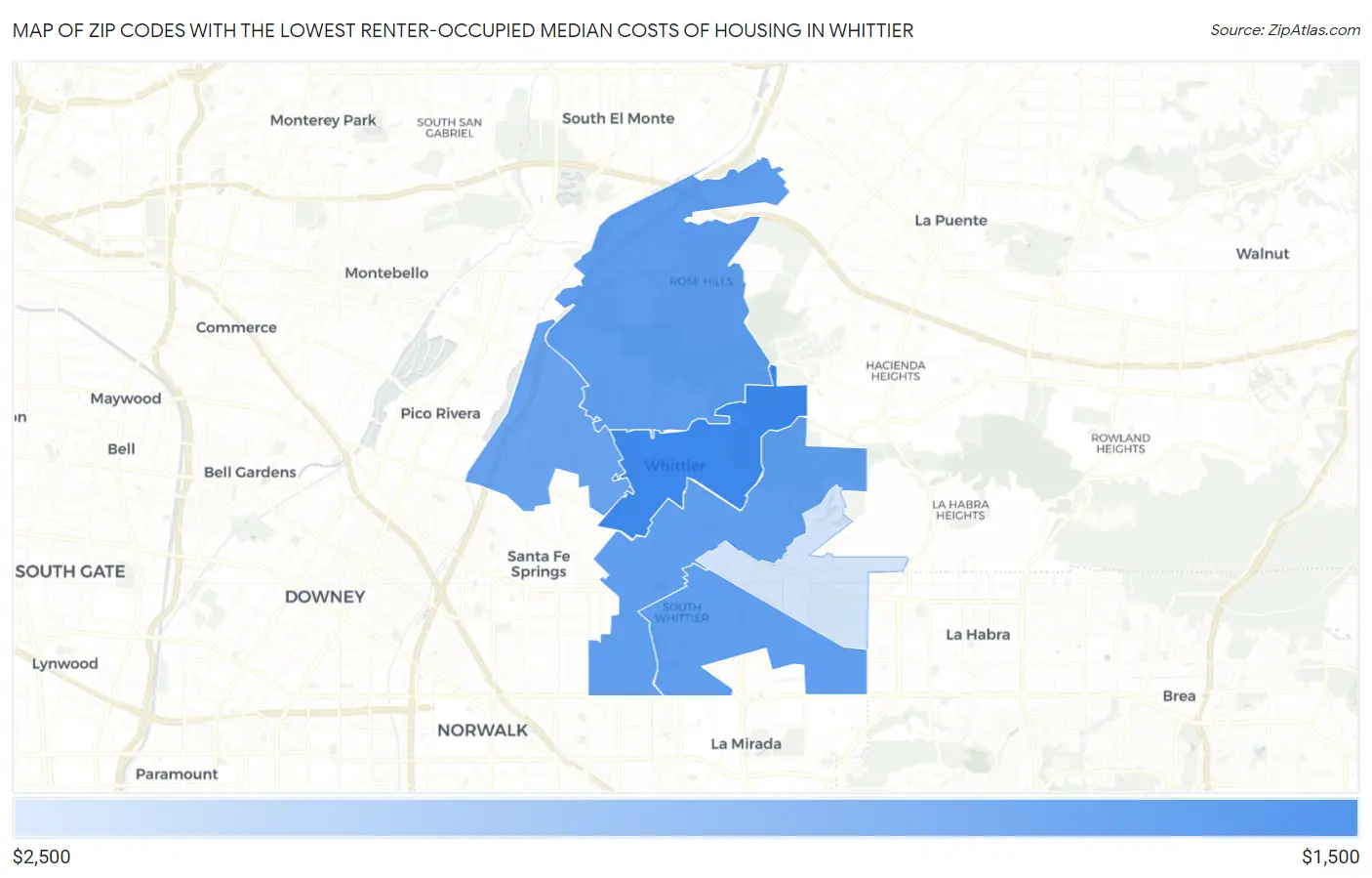 Zip Codes with the Lowest Renter-Occupied Median Costs of Housing in Whittier Map