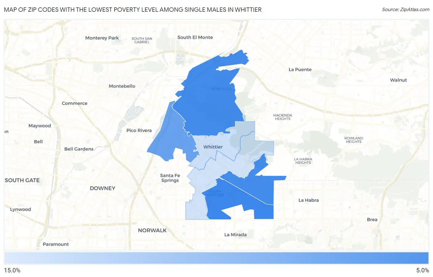 Zip Codes with the Lowest Poverty Level Among Single Males in Whittier Map
