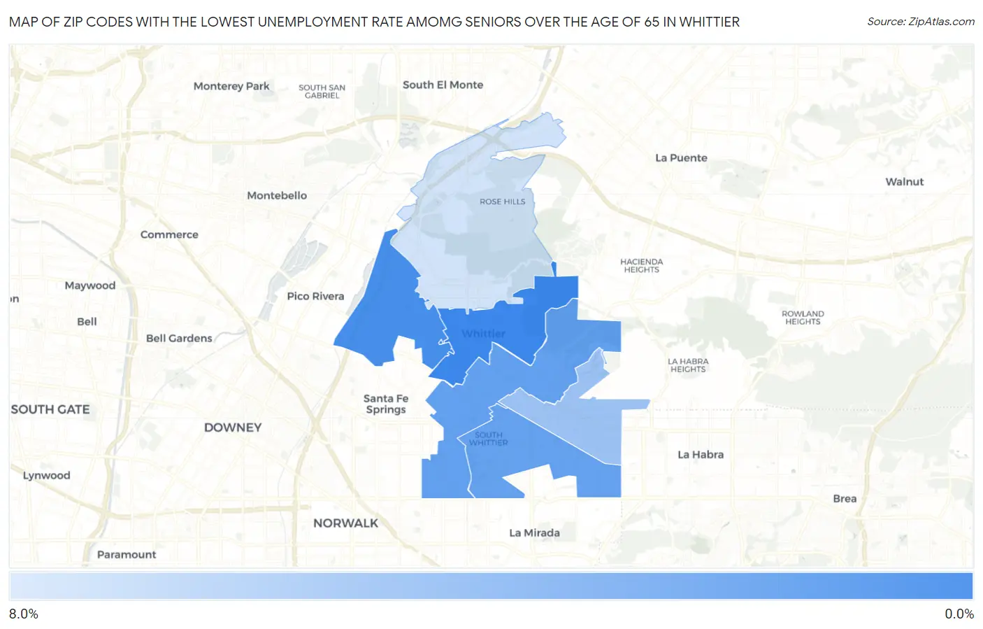 Zip Codes with the Lowest Unemployment Rate Amomg Seniors Over the Age of 65 in Whittier Map