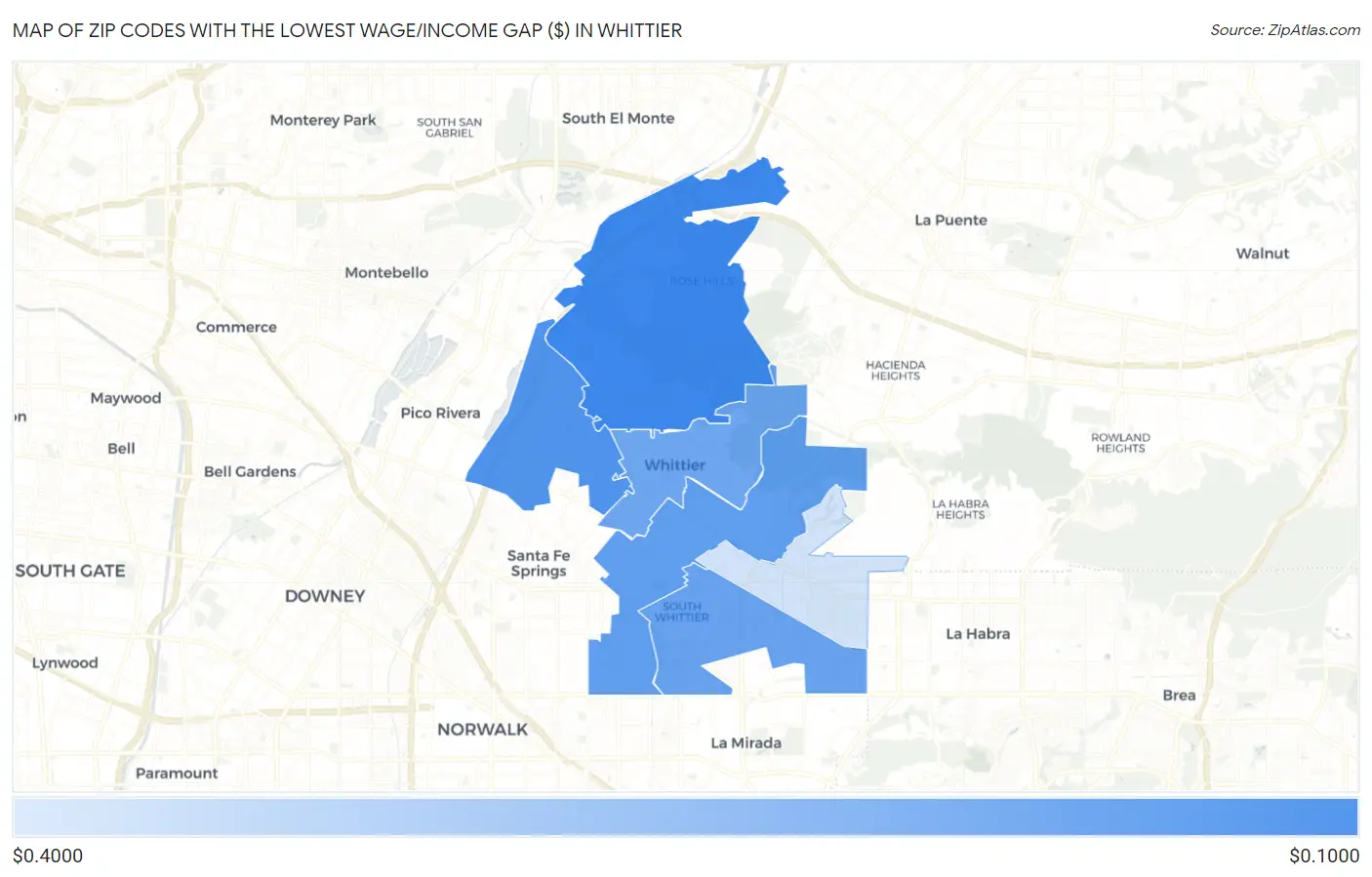 Zip Codes with the Lowest Wage/Income Gap ($) in Whittier Map