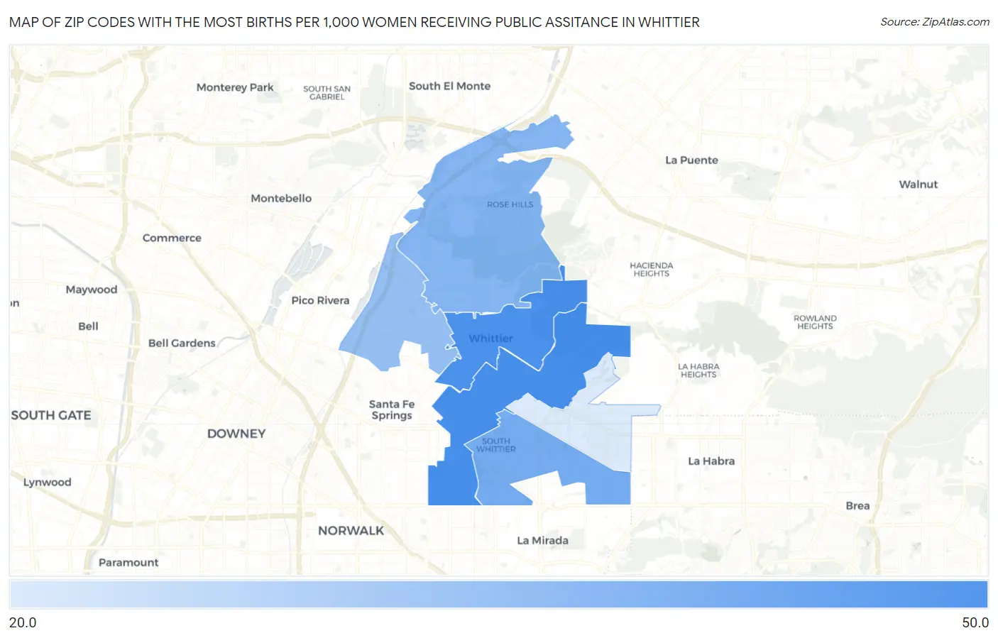 Zip Codes with the Most Births per 1,000 Women Receiving Public Assitance in Whittier Map