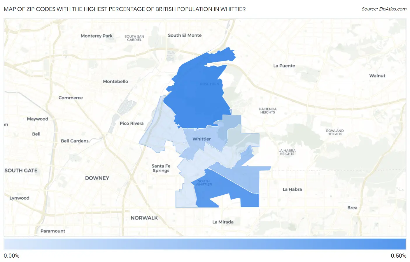Zip Codes with the Highest Percentage of British Population in Whittier Map