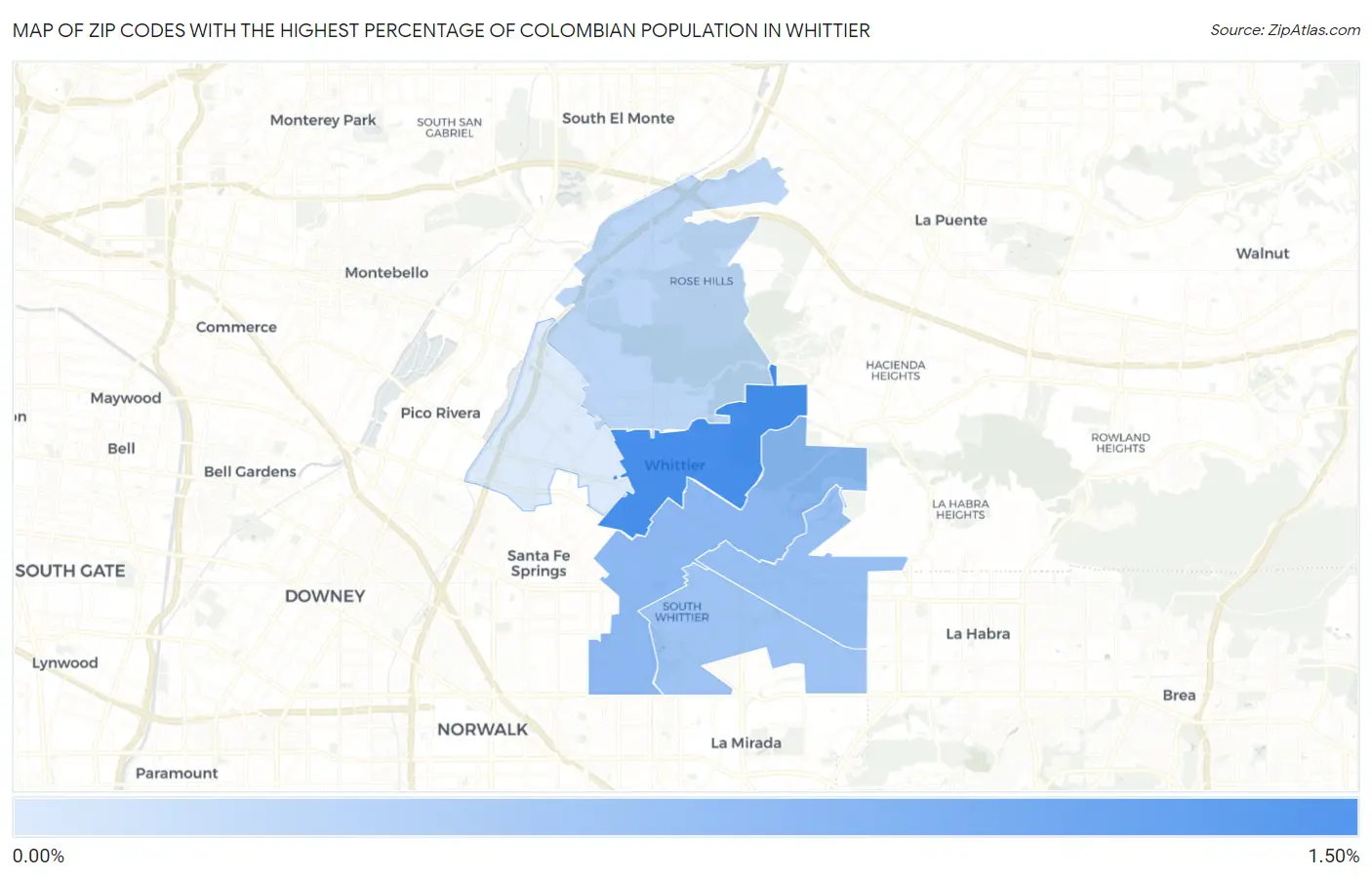 Zip Codes with the Highest Percentage of Colombian Population in Whittier Map