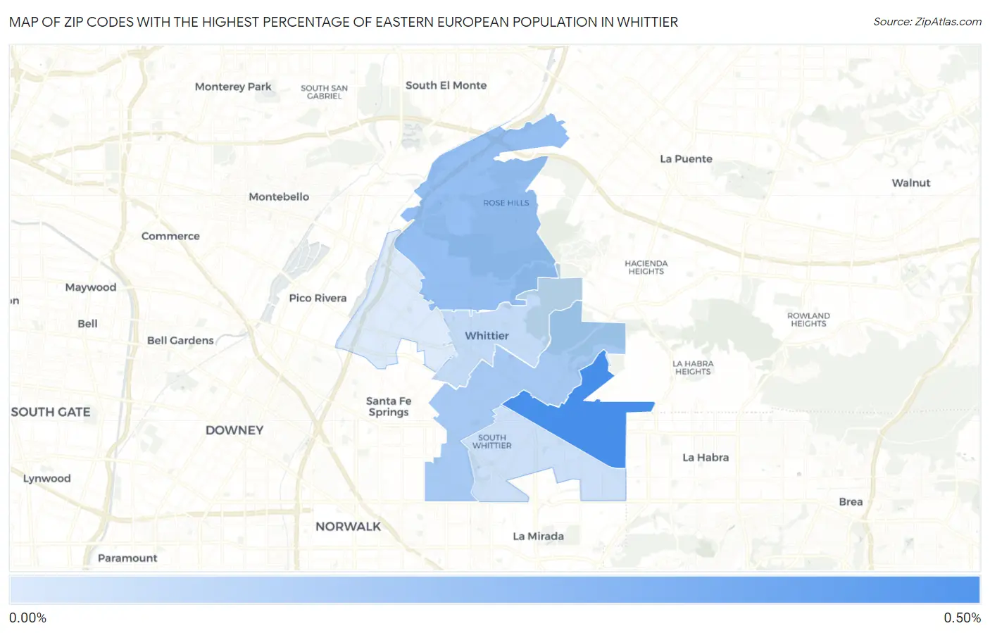 Zip Codes with the Highest Percentage of Eastern European Population in Whittier Map