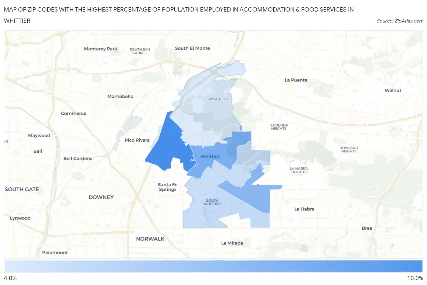 Zip Codes with the Highest Percentage of Population Employed in Accommodation & Food Services in Whittier Map
