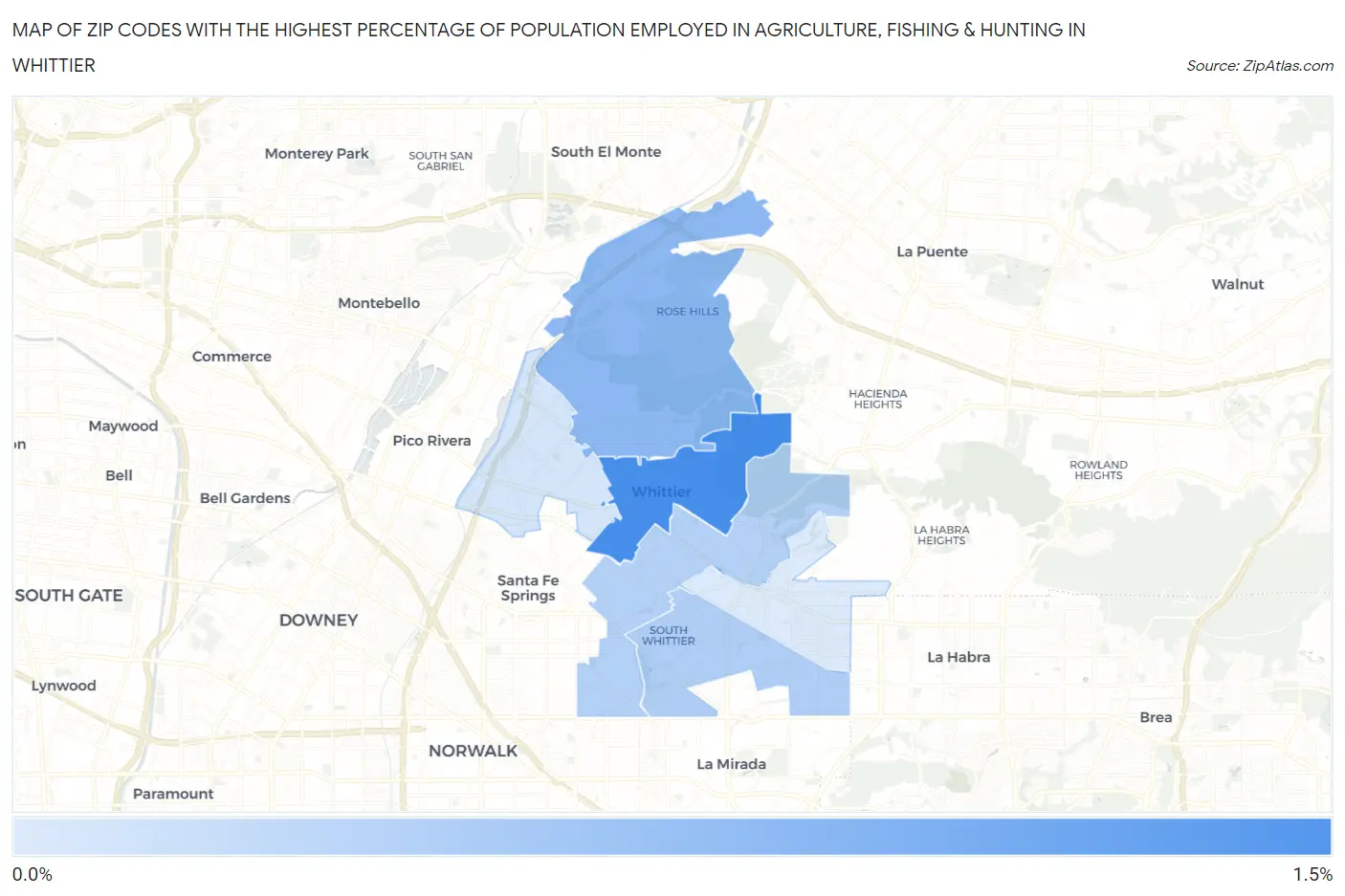 Zip Codes with the Highest Percentage of Population Employed in Agriculture, Fishing & Hunting in Whittier Map