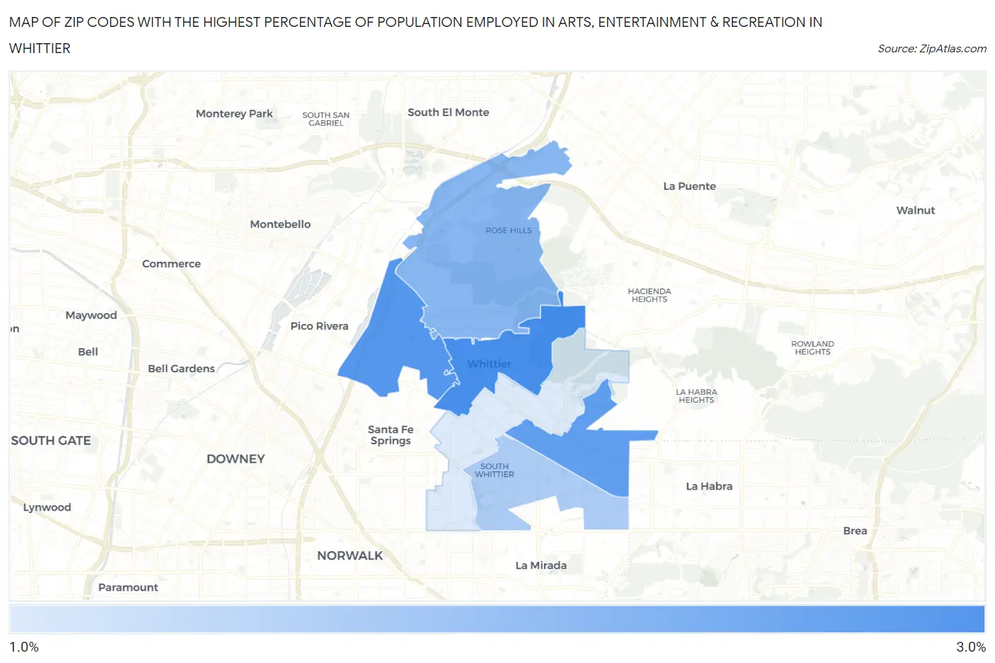 Zip Codes with the Highest Percentage of Population Employed in Arts, Entertainment & Recreation in Whittier Map