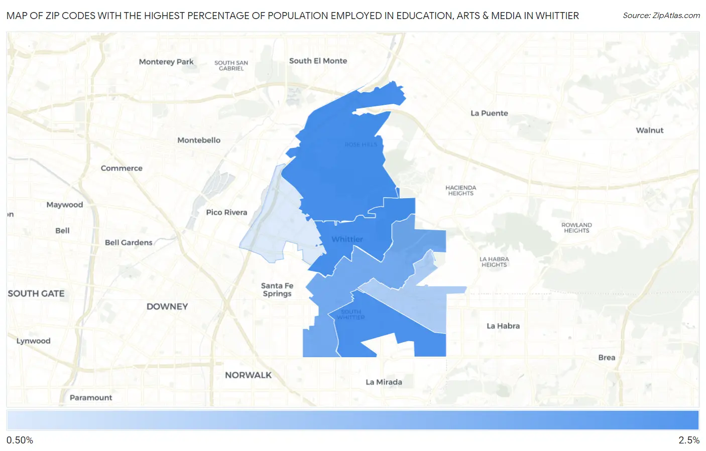 Zip Codes with the Highest Percentage of Population Employed in Education, Arts & Media in Whittier Map