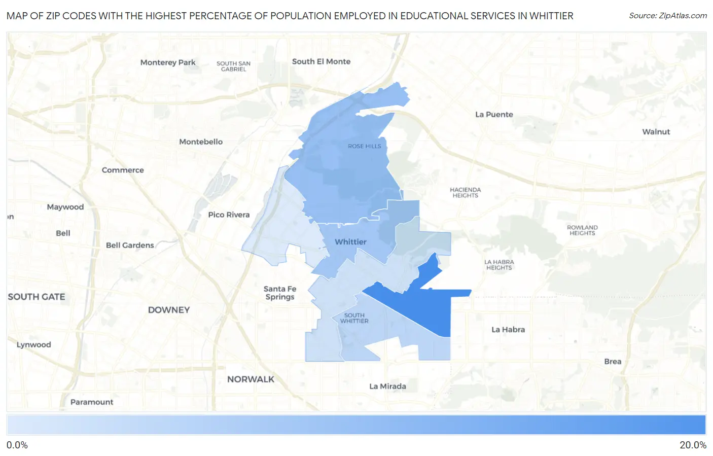 Zip Codes with the Highest Percentage of Population Employed in Educational Services in Whittier Map