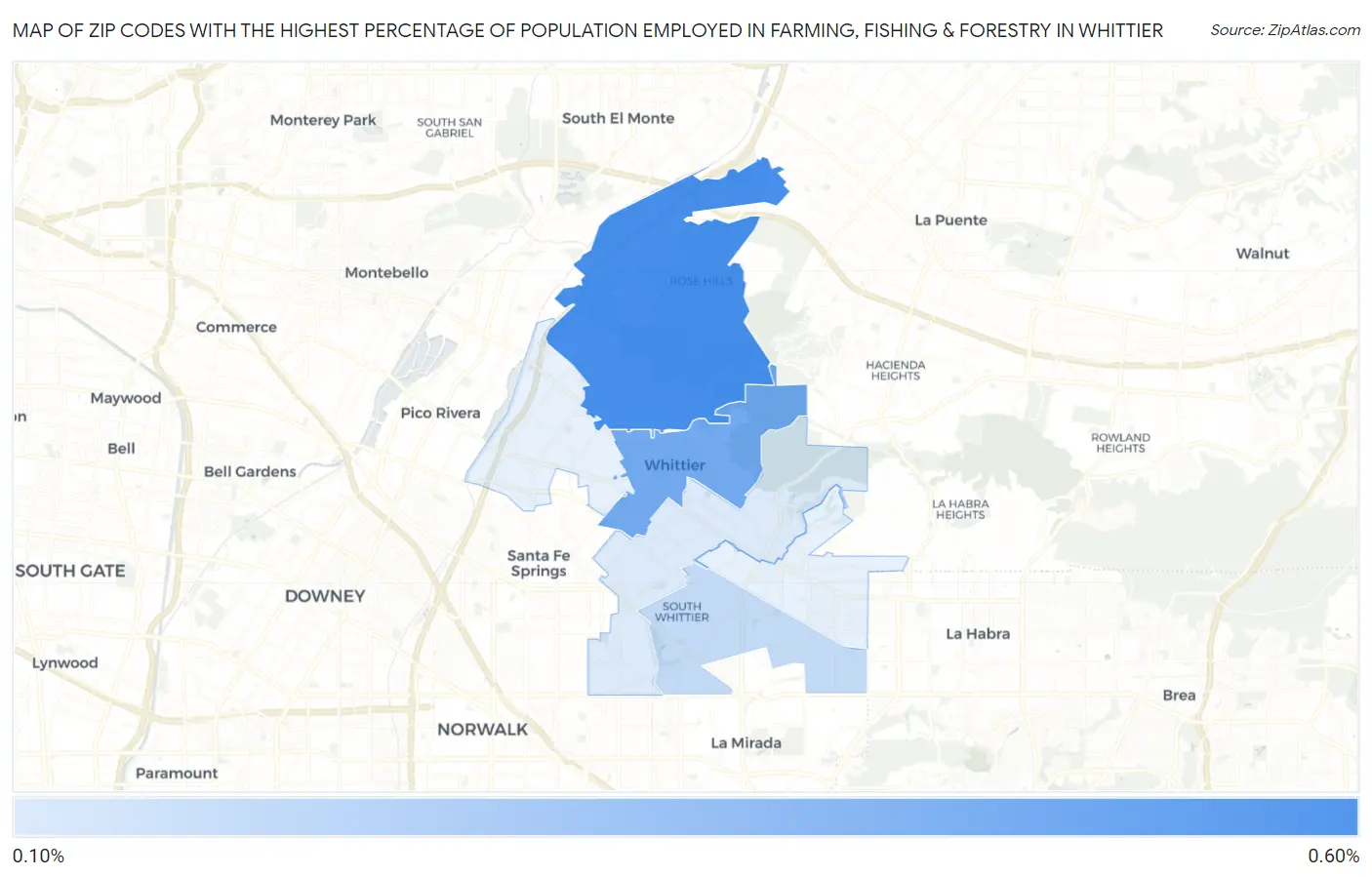 Zip Codes with the Highest Percentage of Population Employed in Farming, Fishing & Forestry in Whittier Map